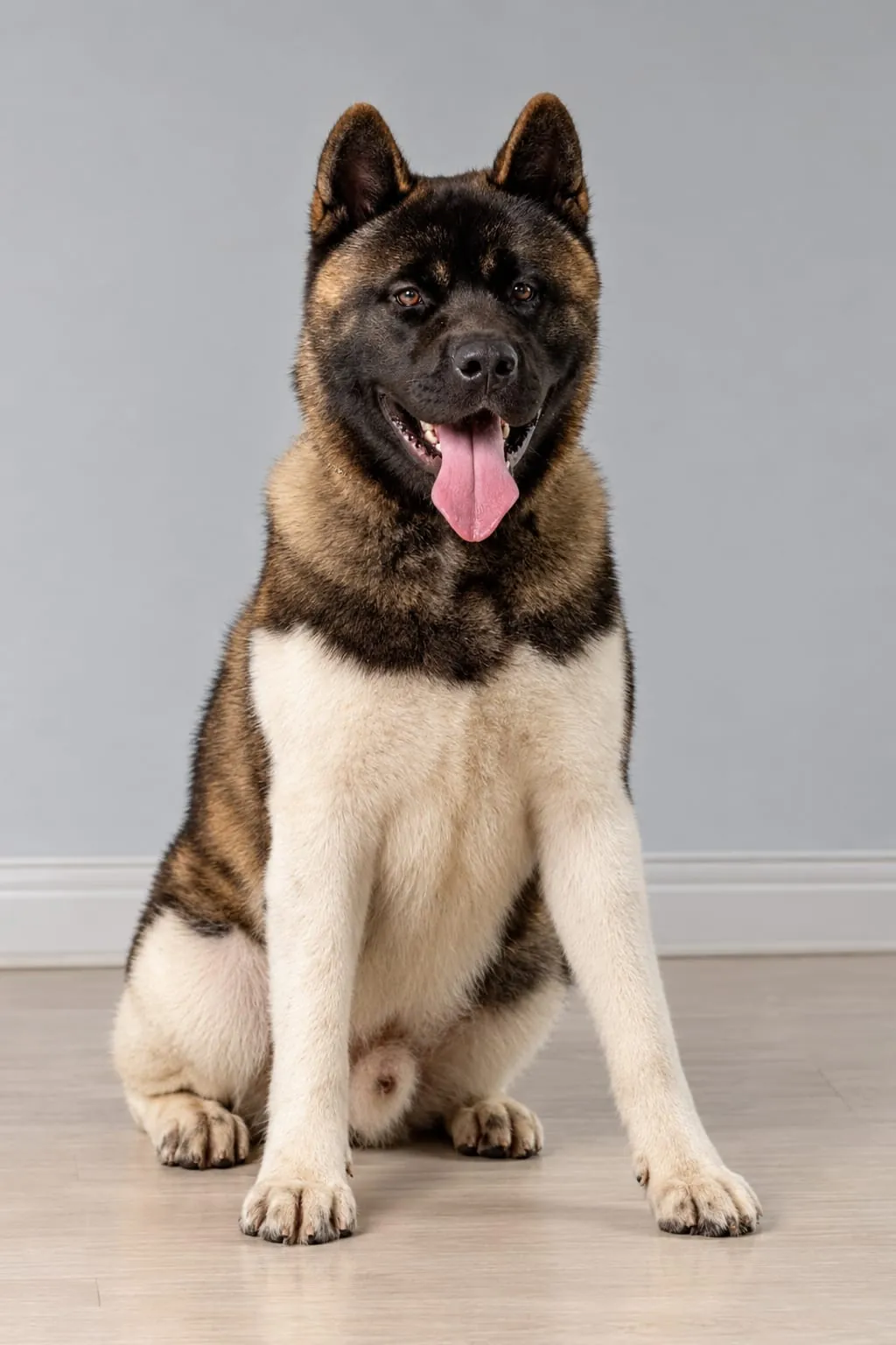 Thor, sable and white male American Akita, seated