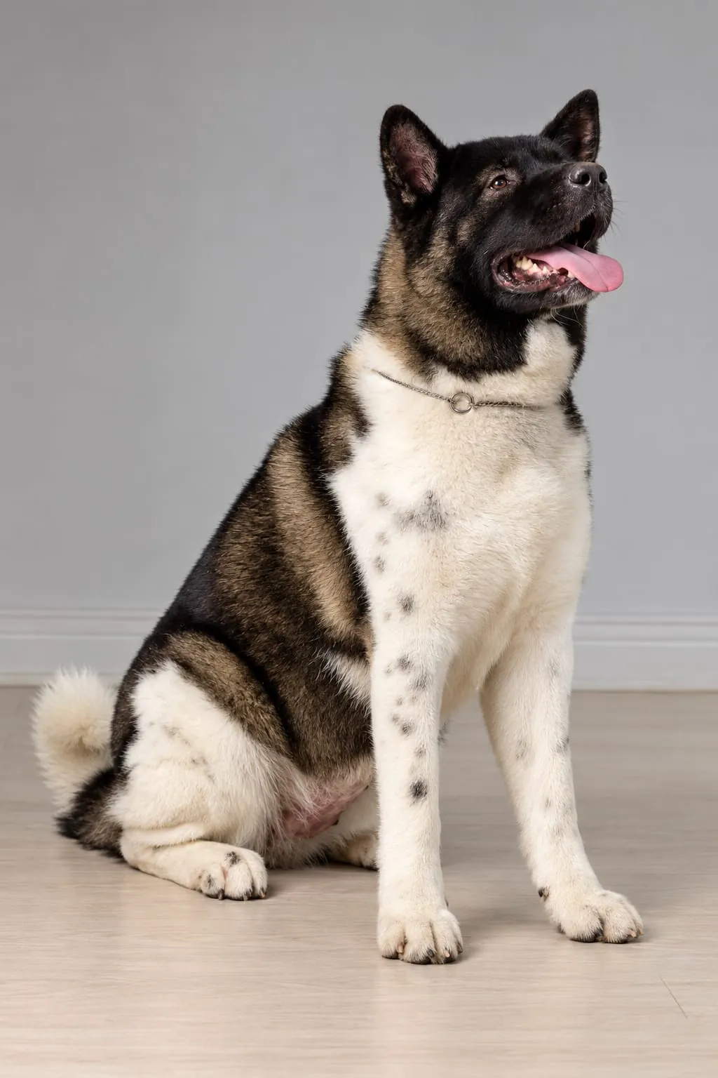 Hachi, black and white female American Akita, seated
