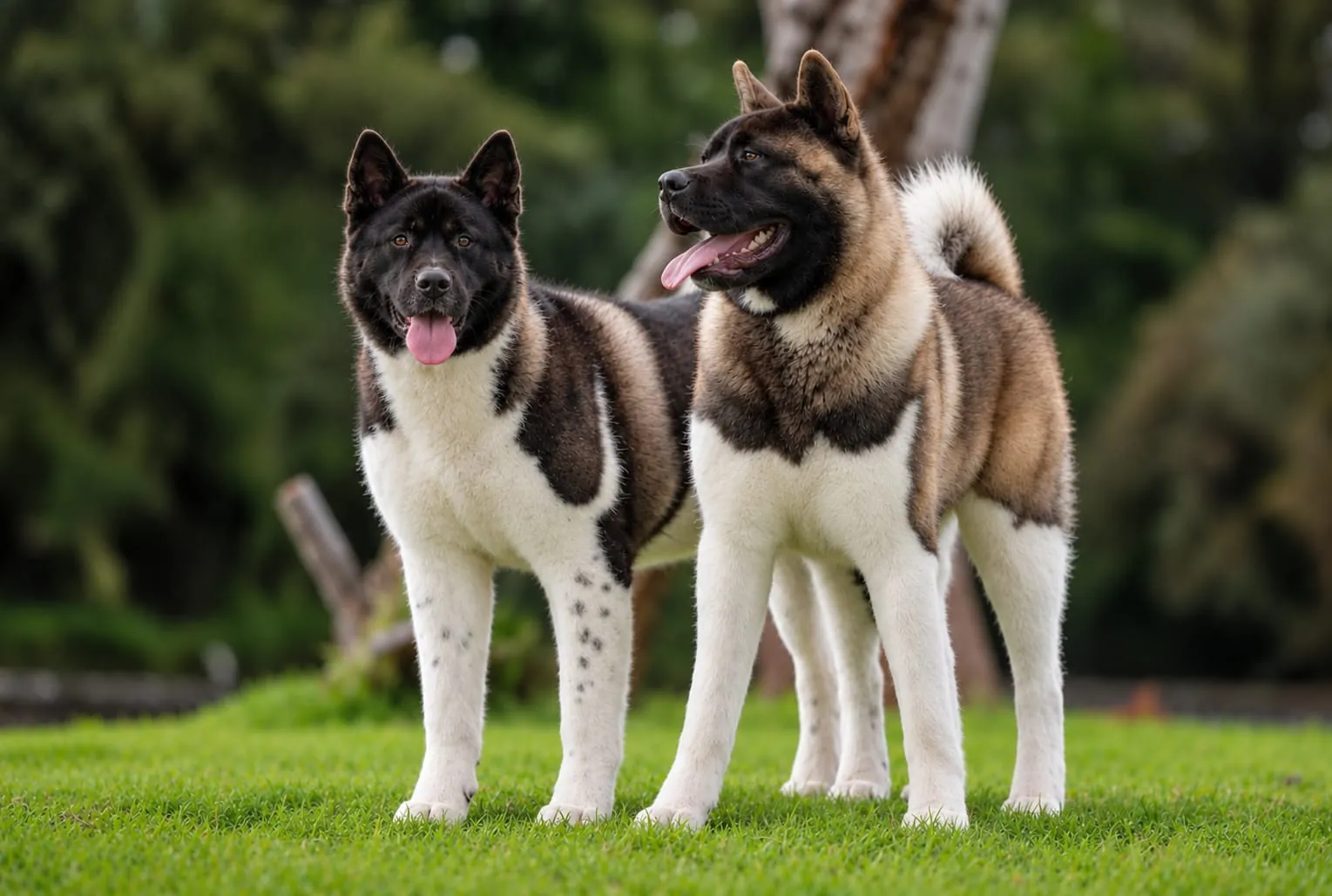 Hachi and Thor, two American Akitas, standing together on grass
